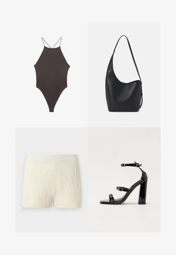 Costume da bagno intero marrone con collo alto e spalline sottili e regolabili; presenta una gamba alta e una texture liscia. Nessun motivo o decorazione.; Shorts lavorati a maglia in bianco sporco con un motivo testurizzato. Presentano un ampio elastico in vita e un design aderente.; Sandali con tacco in vernice nera, con punta squadrata, cinturini alla caviglia e fibbie in argento. Presentano un tacco a blocco spesso per maggiore stabilità.; Borsa hobo nera in pelle con una superficie liscia, forma curvata e una singola tracolla regolabile; presenta un'ampia apertura nella parte superiore.