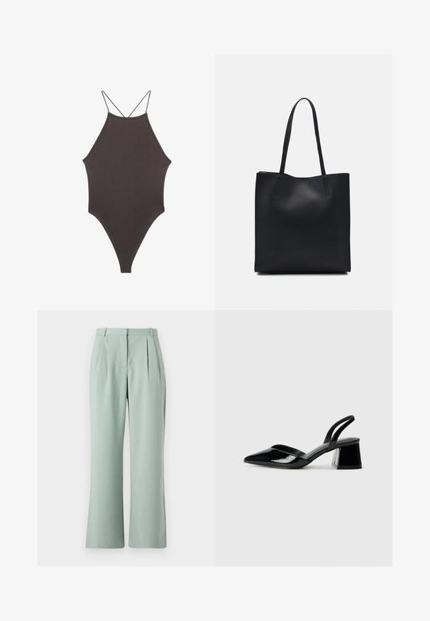Rjav, enodelni kopalke z visokim ovratnikom in tankimi nastavljivimi naramnicami; ima visok rez na nogah in gladko teksturo. Brez vzorcev ali okrasnih elementov.; Svetlozeleni široki hlače s plisami, ki imajo gladko teksturo in tradicionalni pas. Tkanina se zdi lahka in mehka.; Črne lakirane slingback pete s koničastim nosom in geometrijsko blokasto peto. Imajo eleganten, minimalističen dizajn in gladko teksturo.; Črna usnjena torba s svilnato teksturo, pravokotne oblike in dvema dolgima ročajema. Brez vidnih metalnih delov ali okrasnih elementov.