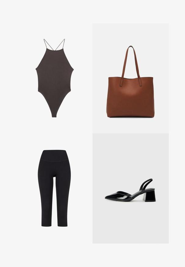 Rjav, enodelni kopalke z visokim ovratnikom in tankimi nastavljivimi naramnicami; ima visok rez na nogah in gladko teksturo. Brez vzorcev ali okrasnih elementov.; Črne legice do tri četrtine, izdelane iz elastičnega materiala, z visokim pasom in brez vidnih vzorcev ali dodatkov.; Črne lakirane slingback pete s koničastim nosom in geometrijsko blokasto peto. Imajo eleganten, minimalističen dizajn in gladko teksturo.; Rjava usnjena torba z gladko teksturo, odprto zasnovo zgoraj in dvema naramnima trakovoma. Opremljena je z minimalnim šivanjem in brez vidnih kovinskih delov.