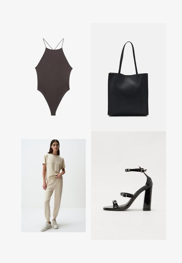 Brązowy jednoczęściowy kostium kąpielowy z wysokim dekoltem i cienkimi, regulowanymi ramiączkami; charakteryzuje się wysokim krojem nogawek i gładką teksturą. Bez wzorów ani ozdób.; Beżowy zestaw odzieży dresowej, w skład którego wchodzi bluzka z krótkim rękawem z detalem szwu oraz spodnie o luźnym kroju z elastyczną talią i zwężanymi mankietami.; Czarne lakierowane sandały na obcasie z kwadratowym noskiem, z paskami wokół kostki i srebrnymi klamrami. Posiadają masywny słupek dla stabilności.; Czarna skórzana torba tote o gładkiej fakturze, prostokątnym kształcie i dwóch długich uchwytach. Brak widocznych elementów metalowych i ozdób.