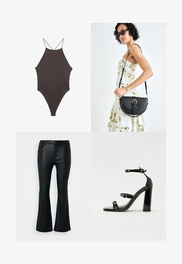 Brun, hög nacke baddräkt med tunna, justerbara remmar; har högskuren ben och slät textur. Inga mönster eller dekorationer.; Svarta, utsvängda byxor tillverkade av ett glansigt, slätt material. Innehåller fem fickor, bälteshällor och en dragkedja med knäppning.; Svarta lackerade högklackade sandaler med två spännband, fyrkantig tå och en tjock klack, med en slät och glansig yta.; Svart läderhandväska med en böjd form, avtagbar rem och guldiga detaljer. Väskan har ett lock med en spänndetalj.