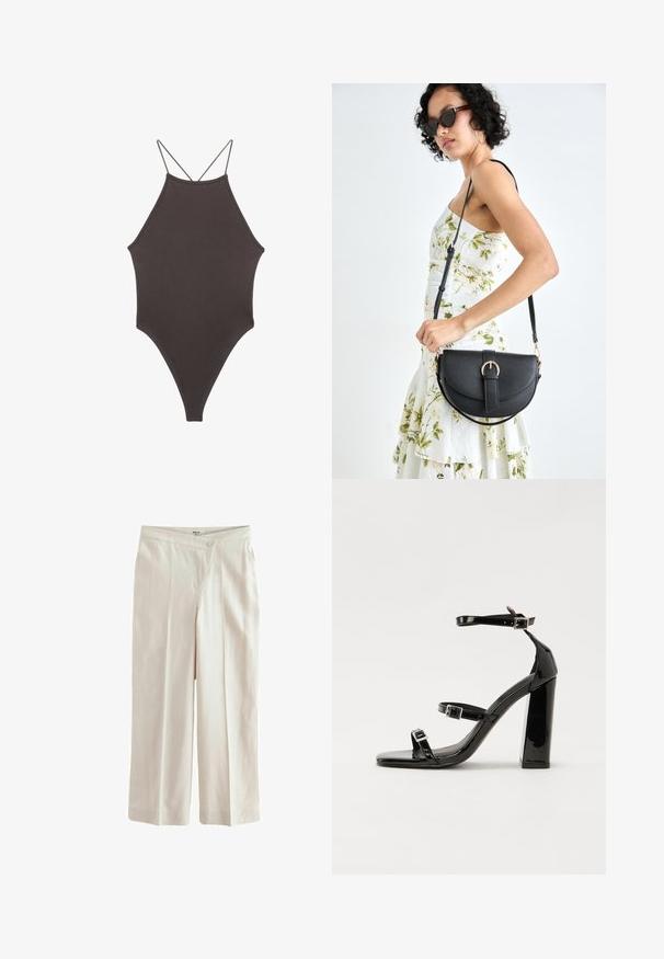 Brauner, hochgeschlossener Badeanzug mit dünnen, verstellbaren Trägern; zeichnet sich durch einen hohen Beinschnitt und eine glatte Textur aus. Keine Muster oder Verzierungen.; Next ASYMETRIC WAITBAND TAILORED WIDE LEG - Stoffhose - neutral; Schwarze patentierte Sandalen mit Absatz, quadratischer Spitze, Knöchelriemen und silbernen Schnallen. Mit einem stabilen Blockabsatz für mehr Stabilität.; Schwarze Lederhandtasche mit geschwungener Form, abnehmbarem Tragegurt und goldenen Beschlägen. Die Tasche verfügt über einen Deckel mit einer Schnallen-Details.