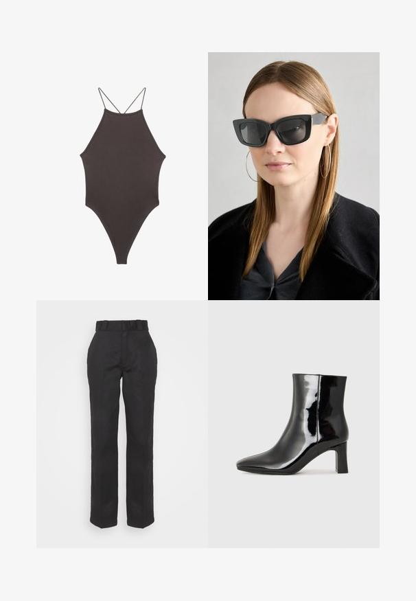 Brun, hög nacke baddräkt med tunna, justerbara remmar; har högskuren ben och slät textur. Inga mönster eller dekorationer.; Svarta byxor med en slät yta, rak bendesign och midjebälte. Har en enkel, klassisk siluett utan ytterligare mönster.; Svart lackläder ankelboot med spetsig tå och en medelhög klack. Slät textur och minimalistisk design.; Svarta katterformade solglasögon med mörka linser, tjocka bågar och subtila detaljer. Bärs tillsammans med en svart kappa och en grå topp, med långt rakt hår.