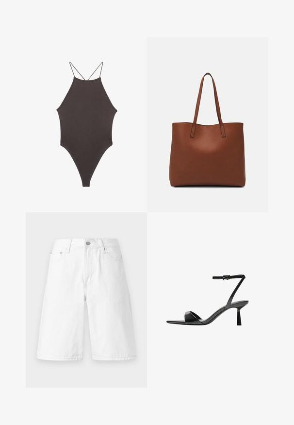 Hnedé, vysoký krk jednodielne plavky s tenkými, nastaviteľnými ramienkami; s vysokým strihom na nohách a hladkým povrchom. Bez vzorov alebo ozdôb.; Biele deninové šortky s rovnom strihom, prednými vreckami, gombíkovým zapínaním a čistou, hladkou textúrou.; Bershka Sandále na vysokom opätku - black; Hnedá kožená taška na rameno s hladkou textúrou, otvoreným vrchom a dvoma ramenými popruhmi. Má minimálne šitia a žiadne viditeľné kovania.