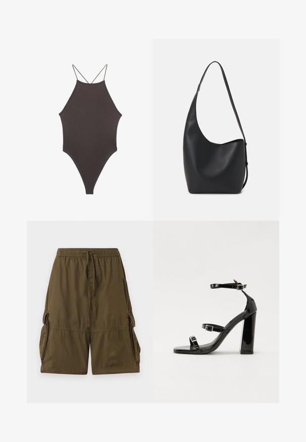 Hnedé, vysoký krk jednodielne plavky s tenkými, nastaviteľnými ramienkami; s vysokým strihom na nohách a hladkým povrchom. Bez vzorov alebo ozdôb.; Olive zelené cargo šortky vyrobené z ľahkého materiálu. Majú elastický pás, šnúrku a dve bočné cargo vrecká.; Čierne lakované sandále na podpätku so štvorcovou špičkou, navlečenými remienkami okolo členku a striebornými prackami. Disponujú masívnym blokovým podpätkom pre stabilitu.; Čierna kožená hobo taška so hladkou textúrou, zakriveným tvarom a jedným nastaviteľným popruhom; má široké otvorenie na vrchu.