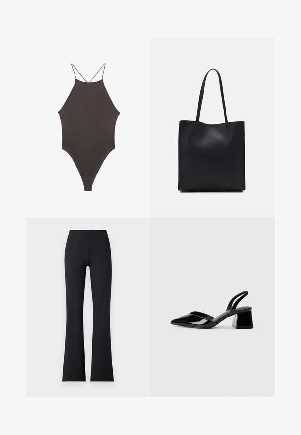 Maillot de bain une pièce marron à col montant avec des bretelles fines et réglables ; présente une jambe haute et une texture lisse. Aucun motif ni embellissement.; Pantalons noirs évasés en tissu extensible avec une taille élastique ; texture lisse, longueur complète et sans motifs ni accents visibles.; Escarpins en cuir verni noir avec bout pointu et talon bloc géométrique. Présente un design élégant et minimaliste ainsi qu'une texture lisse.; Sac fourre-tout en cuir noir avec une texture lisse, de forme rectangulaire et deux longues poignées. Pas de matériel ou d'ornementations visibles.