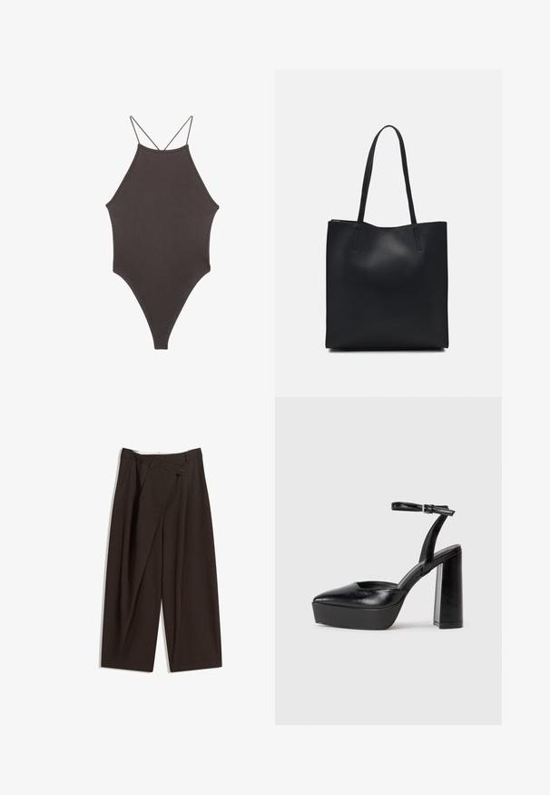 Hnedé, vysoký krk jednodielne plavky s tenkými, nastaviteľnými ramienkami; s vysokým strihom na nohách a hladkým povrchom. Bez vzorov alebo ozdôb.; Tmavohnedé široké nohavice s vysokým pásom, s jedným gombíkom a záhybmi vpredu. Vyrobené z ľahkej textílie.; Čierne platformové podpätky so špicatou špičkou a nastaviteľným členkovým remienkom. Vyrobené z hladkej kože a so robustným blokovým podpätkom.; Čierna kožená taška na rameno s hladkým povrchom, obdĺžnikovým tvarom a dvoma dlhými uchami. Bez viditeľného kovania alebo ozdôb.