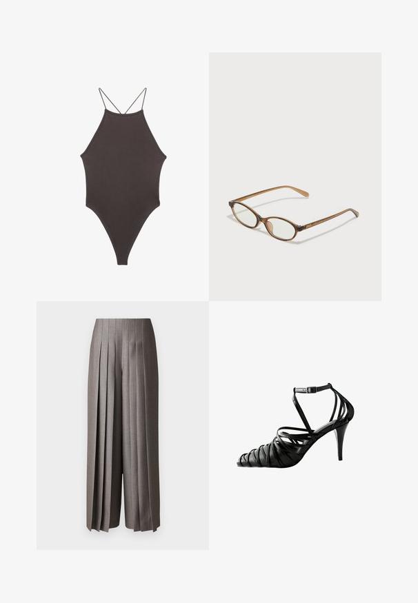 Brun højhalset heldragt badedragt med tynde, justerbare stropper; har højt skåret ben og glat tekstur. Ingen mønstre eller udsmykninger.; Grå bredbenede bukser med lodrette folder, skræddersyet design og en glat overflade. Har høj talje og løs pasform.; Sorte højhælede sandaler med krydset stropper, åben tå og ankelspænde, lavet af glat syntetisk materiale.; Brune skildpaddemønstrede briller med ovale linser, tynde arme og gennemsigtige accenter. Har et diskret logo på stangen. Slankt, let design.; To skridende ringe lavet af poleret sølvmetal, med glatte, buede former og blanke overflader samt reflekterende højdepunkter.