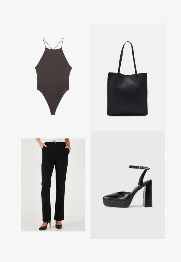 Brauner, hochgeschlossener Badeanzug mit dünnen, verstellbaren Trägern; zeichnet sich durch einen hohen Beinschnitt und eine glatte Textur aus. Keine Muster oder Verzierungen.; Schwarze maßgeschneiderte Hose mit geradem Bein, ausgestattet mit einem Knopfverschluss und seitlichen Taschen, aus einem glatten Stoff hergestellt.; Schwarze Plateau-High Heels mit spitzem Zeh und verstellbarem Knöchelriemen. Gefertigt aus glattem Leder und mit einem klobigen Blockabsatz.; Schwarze Laptoptasche aus Leder mit glatter Textur, rechteckiger Form und zwei langen Griffen. Keine sichtbaren Beschläge oder Verzierungen.