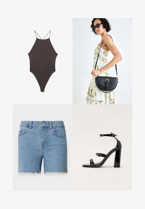 Rjav, enodelni kopalke z visokim ovratnikom in tankimi nastavljivimi naramnicami; ima visok rez na nogah in gladko teksturo. Brez vzorcev ali okrasnih elementov.; Denim kratke hlače v svetlo modri barvi s strganim robom, zasnovo s petimi žepi in zankami za pas. Zapenjanje z gumbom pri pasu.; Črne lakaste sandale z visokimi petami, z dvema trakovoma z zaponkama, kvadratnim sprednjim delom in masivno širšo peto, z gladko, sijočo teksturo.; Črna usnjena torbica s ukrivljeno obliko, z odstranljivo naramnico in zlatimi dodatki. Torbica ima pokrov s podrobnostmi v obliki zaponke.