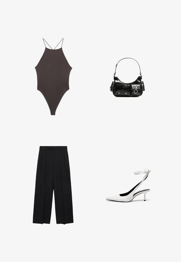 Smeđi jednodijelni kupaći kostim s visokim ovratnikom i tankim, prilagodljivim trakama; ima visoko izrezane nogavice i glatku teksturu. Bez uzoraka ili dekoracija.; Crne hlače širokih nogavica s visokim strukom, nabranima i petljama za remen. Izrađene od glatkoga materijala, s krojem koji se prilagođava i čistim linijama.; Bijele cipele s otvorenim petama s oštrim vrhom i tankim remenom oko gležnja. Glatki kožni materijal, tanki stileto potplat i crna unutarnja obloga.; Crna patentna kožna torba s zakrivljenim oblikom, jednim remenom za rame, prednjim džepovima i akcentima od srebrnog tona.