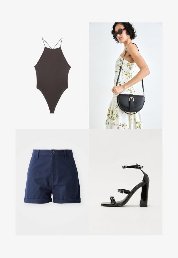Brun, hög nacke baddräkt med tunna, justerbara remmar; har högskuren ben och slät textur. Inga mönster eller dekorationer.; Mörkblå bomullsshorts med knäppning framtill, vikt fåll och sidfickor; har en slät yta och skräddarsydd design.; Svarta lackerade klacksandaler med fyrkantig tå, ankelremmar och silverfärgade spännen. Har en kraftig blockklack för stabilitet.; Svart läderhandväska med en böjd form, avtagbar rem och guldiga detaljer. Väskan har ett lock med en spänndetalj.