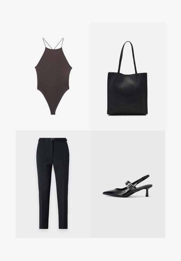 Smeđi jednodijelni kupaći kostim s visokim ovratnikom i tankim, prilagodljivim trakama; ima visoko izrezane nogavice i glatku teksturu. Bez uzoraka ili dekoracija.; Crne krojene hlače slim fit s ravnim prednjim dijelom, petljama za remen i malim srebrnim kopčanjem. Glatka tkanina s čistim završetkom.; Crne lakirane slingback potpetice s oštrim prstom i malom blok petom, s naglaskom na srebrnoj kopči na remenu.; Crna kožna torba za nošenje s glatkom teksturom, pravokutnim oblikom i dvije duge ručke. Nema vidljivih metalnih dijelova ili ukrasa.