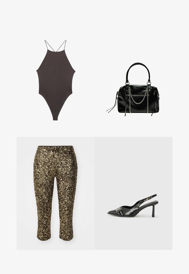 Brązowy jednoczęściowy kostium kąpielowy z wysokim dekoltem i cienkimi, regulowanymi ramiączkami; charakteryzuje się wysokim krojem nogawek i gładką teksturą. Bez wzorów ani ozdób.; Złote kapri z cekinami o dopasowanym kroju i elastycznym pasie, z błyszczącą, teksturowaną powierzchnią, która mieni się w świetle.; Czarne lakierowane buty typu slingback z ostrym noskiem, paskami na kostkach z srebrnymi klamrami i elementami metalowymi oraz smukłym obcasem.; Bershka - Torebka