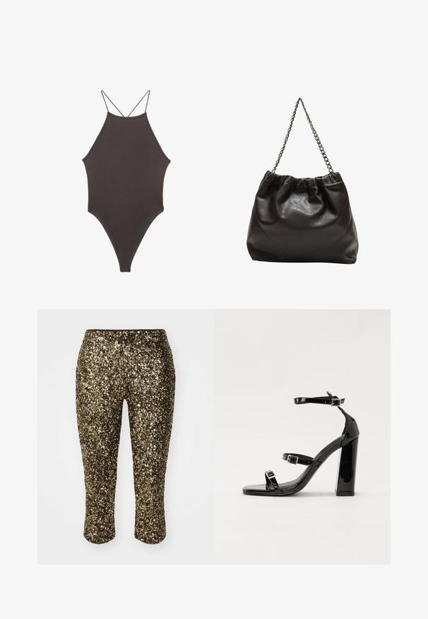 Brązowy jednoczęściowy kostium kąpielowy z wysokim dekoltem i cienkimi, regulowanymi ramiączkami; charakteryzuje się wysokim krojem nogawek i gładką teksturą. Bez wzorów ani ozdób.; Złote kapri z cekinami o dopasowanym kroju i elastycznym pasie, z błyszczącą, teksturowaną powierzchnią, która mieni się w świetle.; Czarne lakierowane sandały na obcasie z kwadratowym noskiem, z paskami wokół kostki i srebrnymi klamrami. Posiadają masywny słupek dla stabilności.; Brązowa skórzana torba z marszczonym szczytem i łańcuszkowym paskiem. Gładka tekstura z błyszczącym wykończeniem i subtelnymi detalami szwów po bokach.