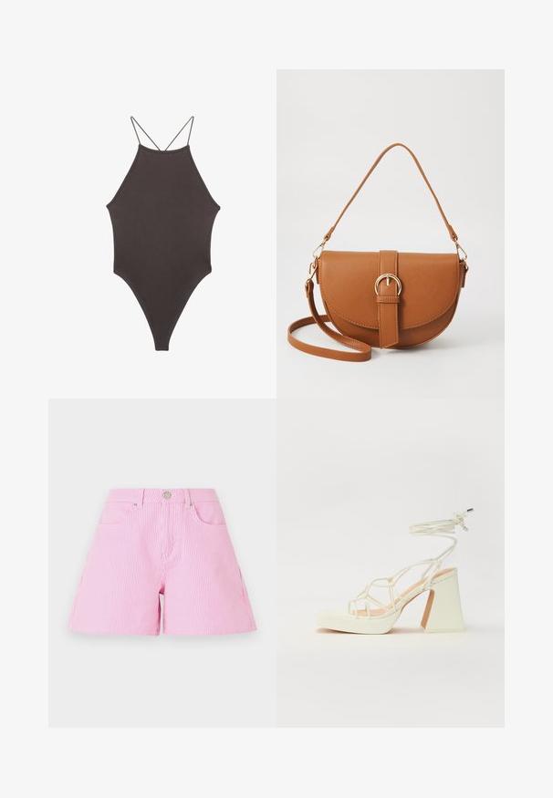 Rjav, enodelni kopalke z visokim ovratnikom in tankimi nastavljivimi naramnicami; ima visok rez na nogah in gladko teksturo. Brez vzorcev ali okrasnih elementov.; Rožnate in bele prugaste hlače s gumbom in zadrgo, ki imajo sprednje žepe in sproščen kroj. Bombažna tkanina, gladka tekstura.; Bela sandala na visokih petah s debelim petam, ki ima obliko trakcev in vezanje okoli gležnja. Gladka tekstura z platformo spredaj za dodatno višino.; Rjava usnjena torbica prek telesa s ukrivljeno obliko, zlate opreme in sponko. Ima odstranljiv naramni trak.