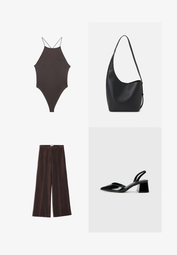 Ruskea, korkeakauluksinen yksiosainen uimapuku, jossa on ohuet, säädettävät hihnat; siinä on korkea lahje ja sileä tekstuuri. Ei kuvioita tai koristeita.; Ruske leve hlače s subtilnim leskom, ki imajo gladko teksturo in dva sprednja pregiba za dodatno obliko. Brez vidnih kovinskih delov ali dekoracij.; Mustat patentoitu nahkakengät, joissa on säären takaosa ja terävä kärki, sekä geometrinen palikkakorko. Sisältää tyylikkään, minimalistisen muotoilun ja sileän pinnan.; Musta nahkainen hobo-laukku, jossa on sileä pinta, kaareva muoto ja yksi säädettävä olkahihna; sisäänkäynti on leveä ylhäältä.