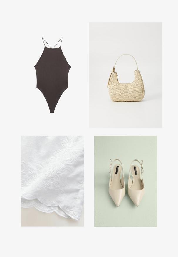 Brown, high-neck one-piece swimsuit with thin, adjustable straps; features a high-cut leg and smooth texture. No patterns or embellishments.; White fabric with floral embroidery, featuring scalloped edges. The texture is smooth with a slight sheen. Intricate detailing on the design.; Beige pointed-toe slingback shoes with a smooth texture, featuring a bow accent on the heel and a sleek, minimalist design.; Woven straw handbag in beige with a curved shape, a short handle, and a side zipper. Features textured surface and minimalistic design.