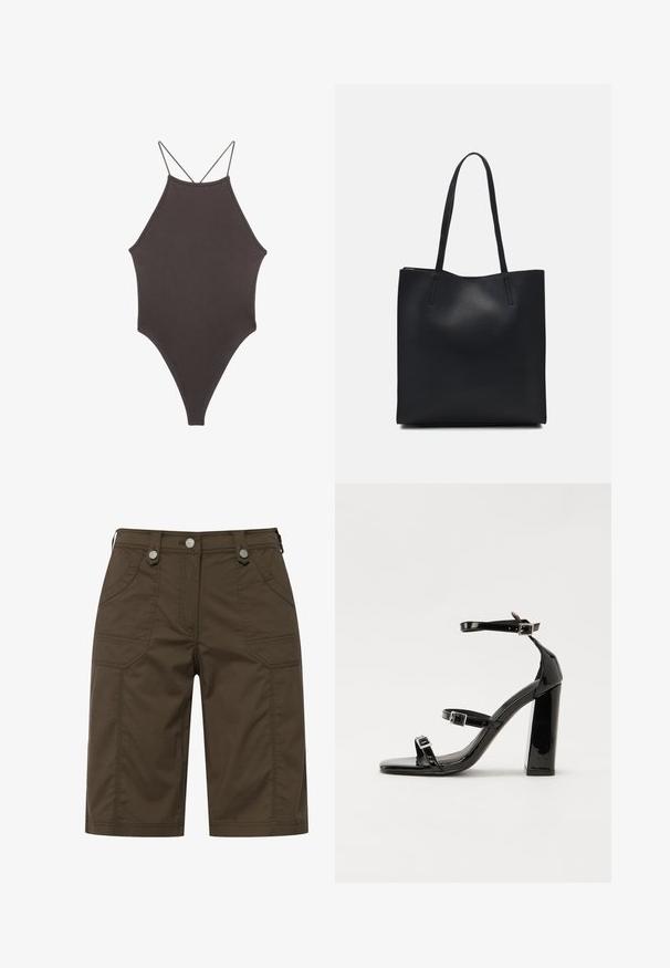 Brun højhalset heldragt badedragt med tynde, justerbare stropper; har højt skåret ben og glat tekstur. Ingen mønstre eller udsmykninger.; Brune stofshorts med to forlommer og to baglommer, dekoreret med sølvhardware ved taljen. Lige snit.; Sorte patenterede hælsandaler med firkantet tå, ankelremme og sølvspænder. Har en chunky blokHæl for stabilitet.; Sort læder tote taske med glat tekstur, rektangulær form og to lange hanke. Ingen synlig hardware eller udsmykninger.