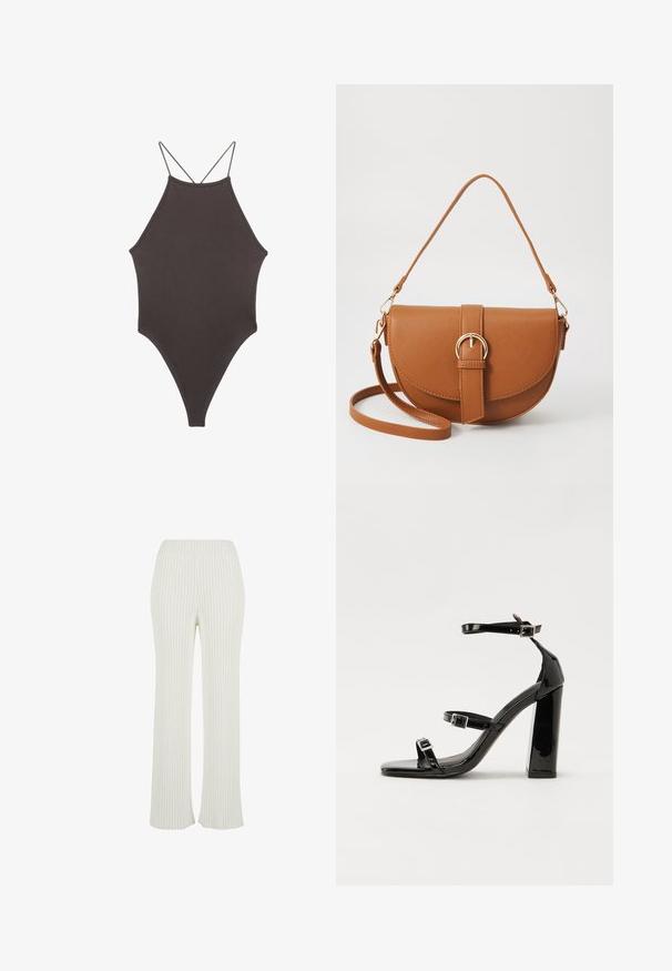 Brun, hög nacke baddräkt med tunna, justerbara remmar; har högskuren ben och slät textur. Inga mönster eller dekorationer.; Krämfärgade ribbad stickade byxor med utsvängd design. Har ett brett elastiskt midjeband och vertikala ränder för extra textur.; Svarta lackerade högklackade sandaler med två spännband, fyrkantig tå och en tjock klack, med en slät och glansig yta.; Brun läder crossbody-väska med en böjd form, gyllene detaljer och en spänneaccent. Har en avtagbar axelrem.