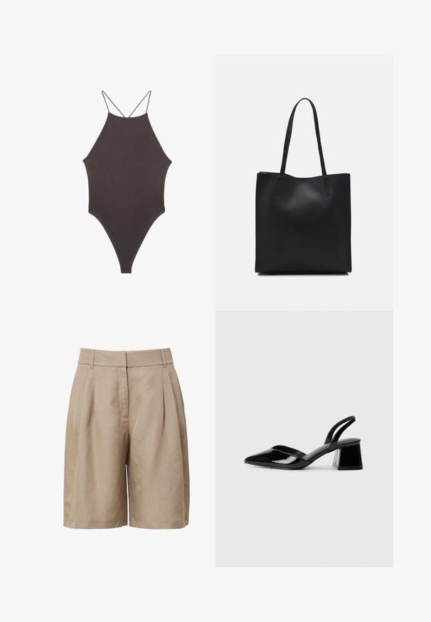 Brown, high-neck one-piece swimsuit with thin, adjustable straps; features a high-cut leg and smooth texture. No patterns or embellishments.; Beige high-waisted shorts made of textured fabric, featuring pleats at the front and side pockets, with a straight leg cut.; Black patent leather slingback heels with a pointed toe and a geometric block heel. Features a sleek, minimal design and smooth texture.; Black leather tote bag with smooth texture, rectangular shape, and two long handles. No visible hardware or embellishments.