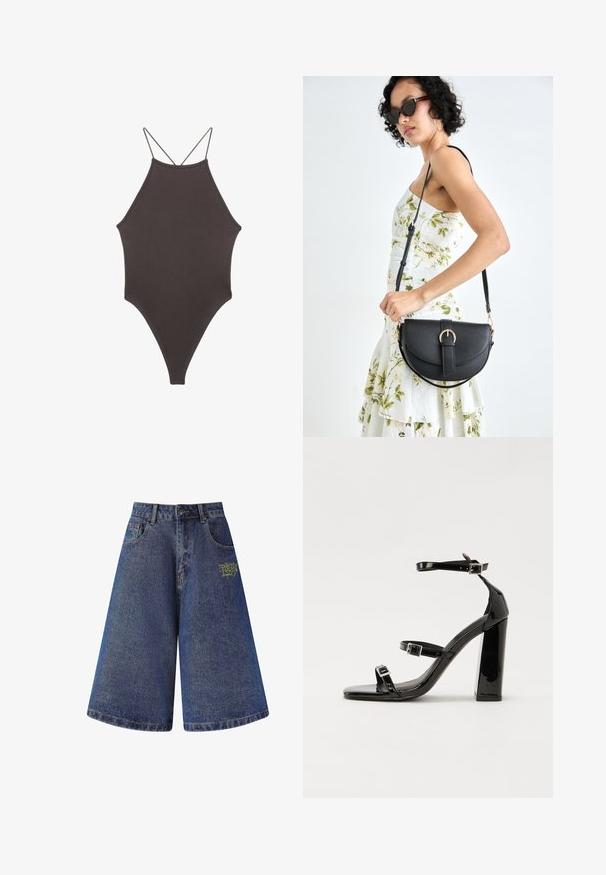 Hnědé, jednodílné plavky s vysokým krkem a tenkými, nastavitelnými ramínky; mají vysoký střih nohavic a hladkou texturu. Žádné vzory ani ozdoby.; Džíny kraťasy s širokým, volným střihem v tmavě modré barvě. Na přední straně se nachází žlutě vyšitá logo a mají pět kapes. Detaily s nedokončeným lemem.; Černé lakované sandály na podpatku se čtveratou špičkou, lýtkovými pásky a stříbrnými přezkami. Disponují masivním blokovým podpatkem pro stabilitu.; Černá kožená kabelka s křivkovým tvarem, odnímatelným popruhem a zlatými detaily. Kabelka má klopu s přezkou.