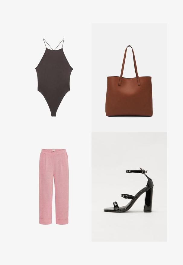 Smeđi jednodijelni kupaći kostim s visokim ovratnikom i tankim, prilagodljivim trakama; ima visoko izrezane nogavice i glatku teksturu. Bez uzoraka ili dekoracija.; Ružičaste hlače od tkanine s opuštenim krojem, s prednjim nabranim detaljima i pogošeni rubovima. Elastična gumica u struku za dodatnu udobnost.; Crne lakirane sandale na visoku petu s dva remena s kopčama, kvadratnim vrhom i masivnom blok petom, s glatkom, sjajnom teksturom.; Smeđa kožna torba preko ramena s glatkom teksturom, otvorenim vrhom i dvjema naramenicama. Ima minimalne šavove i nema vidljivog hardvera.
