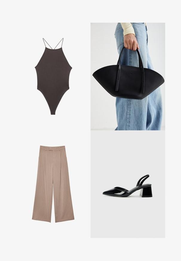 Brązowy jednoczęściowy kostium kąpielowy z wysokim dekoltem i cienkimi, regulowanymi ramiączkami; charakteryzuje się wysokim krojem nogawek i gładką teksturą. Bez wzorów ani ozdób.; Beżowe spodnie o szerokich nogawkach z pionowymi prążkami, wysokim stanem oraz gładką teksturą, o dopasowanym kroju i starannym wykończeniu.; Czarne lakierowane półbuty na obcasie z wydłużonym noskiem i geometrycznym słupkiem. Charakteryzują się eleganckim, minimalistycznym designem oraz gładką fakturą.; Czarna skórzana torebka w unikalnym kształcie wachlarza, z płaskimi uchwytami. Powierzchnia ma fakturę kamyków i minimalistyczny design.