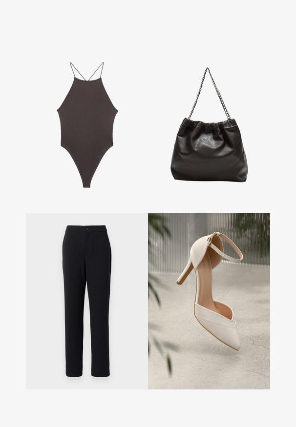 Smeđi jednodijelni kupaći kostim s visokim ovratnikom i tankim, prilagodljivim trakama; ima visoko izrezane nogavice i glatku teksturu. Bez uzoraka ili dekoracija.; Crne hlače ravnog kroja, izrađene od glatkog materijala. Imaju zatvaranje na dugme sprijeda i bočne džepove.; Bijela visoka potpetica u glatkom materijalu s oštrim vrhom i remenom oko gležnja. Ima svijetlosmeđi unutrašnjost i akcentu u zlatnoj boji.; Smeđa kožna torba s naboranim vrhom i lančićem za nošenje. Glatka tekstura s sjajnim završetkom i suptilnim šavnim detaljima sa strane.