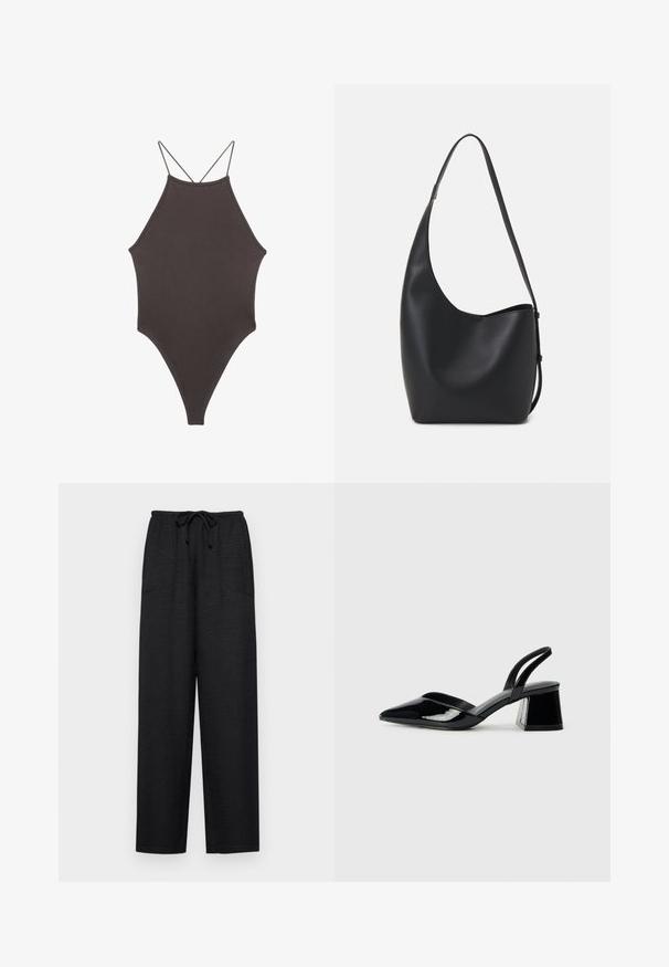 Rjav, enodelni kopalke z visokim ovratnikom in tankimi nastavljivimi naramnicami; ima visok rez na nogah in gladko teksturo. Brez vzorcev ali okrasnih elementov.; Črne široke hlače iz teksturiranega materiala, opremljene z vrvico za prilagajanje v pasu in dvema stranskim žepoma za funkcionalnost.; Črne lakirane slingback pete s koničastim nosom in geometrijsko blokasto peto. Imajo eleganten, minimalističen dizajn in gladko teksturo.; Črna usnjena hobo torba z gladko teksturo, ukrivljeno obliko in eno nastavljivo naramnico; ima širok odprtina na vrhu.
