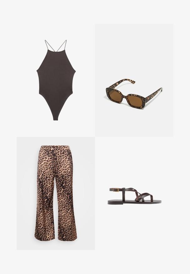 Brun, hög nacke baddräkt med tunna, justerbara remmar; har högskuren ben och slät textur. Inga mönster eller dekorationer.; Leopardmönstrade vida byxor i ett mjukt tyg, med en beige bas och mörkbruna fläckar, samt resårmidja.; Bruna lädersandaler med korsade remmar, spänne runt vristen och en platt sula med minimala sömnadsdetaljer.; Sköldpaddsmönstrade solglasögon med en rund, kraftig ram och bruna linser. Har subtila mönster och raka, avsmalnande skalmar.