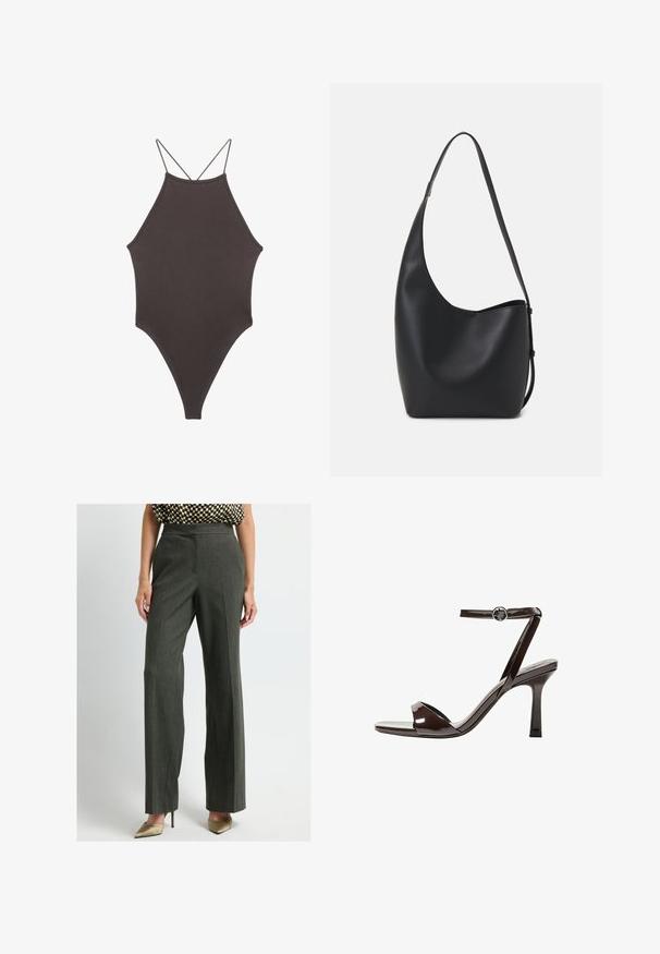 Ruskea, korkeakauluksinen yksiosainen uimapuku, jossa on ohuet, säädettävät hihnat; siinä on korkea lahje ja sileä tekstuuri. Ei kuvioita tai koristeita.; Nainen, joka on pukeutunut korkeavyötäröisiin, tummanharmaisiin suoriin housuihin, raitapaitaan ja beigenvärisiin teräväkärkisiin korkokenkiin, seisoo vaalean yksinkertaisen taustan edessä.; Sandaalit korkean koronan ruskeasta mokkanahasta, jossa on nilkkaremmi, avonainen kärki ja tyylikäs, minimalistinen muotoilu. Varusteena neliön muotoinen korko.; Musta nahkainen hobo-laukku, jossa on sileä pinta, kaareva muoto ja yksi säädettävä olkahihna; sisäänkäynti on leveä ylhäältä.