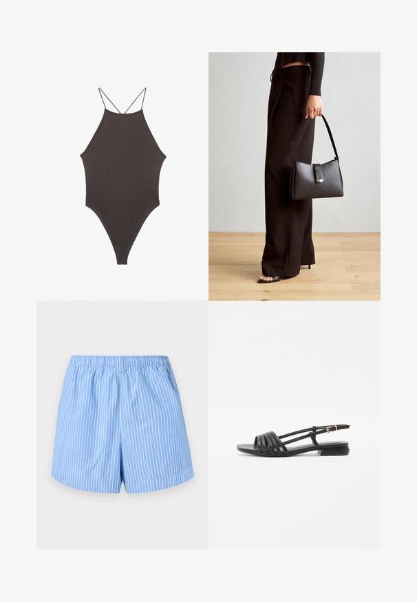 Brązowy jednoczęściowy kostium kąpielowy z wysokim dekoltem i cienkimi, regulowanymi ramiączkami; charakteryzuje się wysokim krojem nogawek i gładką teksturą. Bez wzorów ani ozdób.; Błękitne szorty z białymi pionowymi paskami, elastyczny pas, długość do połowy uda oraz gładka bawełniana tekstura.; Czarne płaskie sandały z ozdobnymi paskami, posiadające kilka skórzanych pasków i smukły zapiętek na kostce. Podeszwa jest płaska i prostokątna.; Czarna torebka o usztywnionym kształcie, gładkiej fakturze i metalowym zapięciem. Połączona z szerokimi czarnymi spodniami i sandałami na otwartym palcu na drewnianej podłodze.