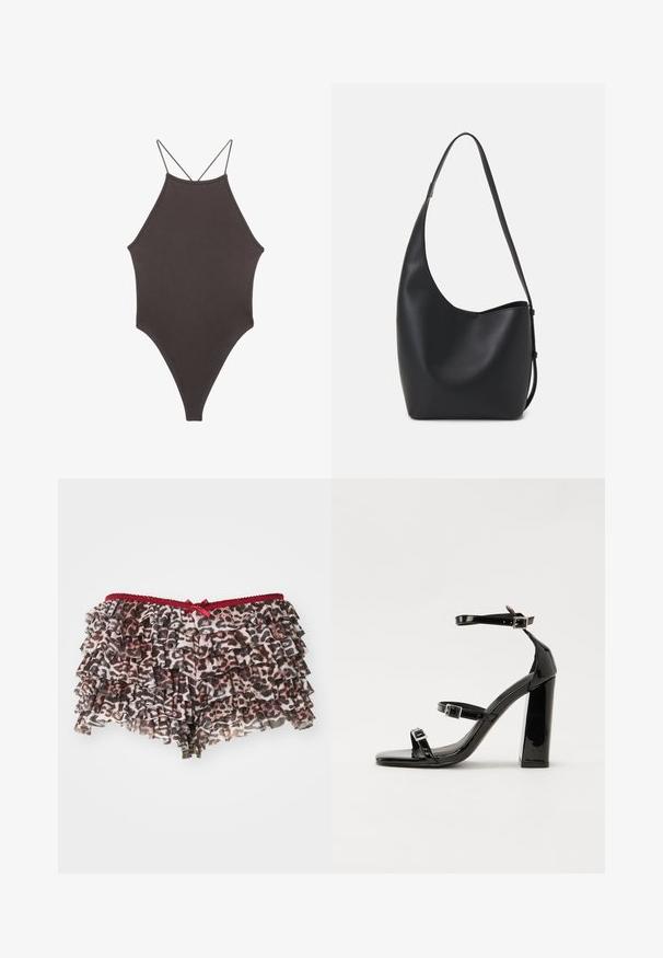 Ruskea, korkeakauluksinen yksiosainen uimapuku, jossa on ohuet, säädettävät hihnat; siinä on korkea lahje ja sileä tekstuuri. Ei kuvioita tai koristeita.; Kukallinen leopardikuvioinen shortsi, jossa on kerrosristetyt helmat, punainen pitsivyötärö ja pieni nauha etuosassa.; Musta kiiltävä korkokenkä sandaalit neliönmuotoisella varpaalla, nilkkaremmillä ja hopeisilla soljilla. Varustettu tukevalla lohkokorkealla vakauden takaamiseksi.; Musta nahkainen hobo-laukku, jossa on sileä pinta, kaareva muoto ja yksi säädettävä olkahihna; sisäänkäynti on leveä ylhäältä.
