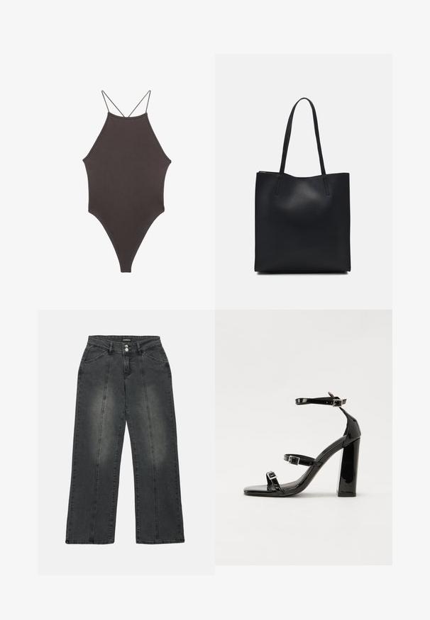 Brązowy jednoczęściowy kostium kąpielowy z wysokim dekoltem i cienkimi, regulowanymi ramiączkami; charakteryzuje się wysokim krojem nogawek i gładką teksturą. Bez wzorów ani ozdób.; Dżinsy o szerokich nogawkach w ciemnoszarym denimu, z wysokim stanem, podwójnymi kieszeniami z przodu, środkowymi szwami oraz subtelnym przetarciem na materiale.; Czarne lakierowane sandały na obcasie z kwadratowym noskiem, z paskami wokół kostki i srebrnymi klamrami. Posiadają masywny słupek dla stabilności.; Czarna skórzana torba tote o gładkiej fakturze, prostokątnym kształcie i dwóch długich uchwytach. Brak widocznych elementów metalowych i ozdób.