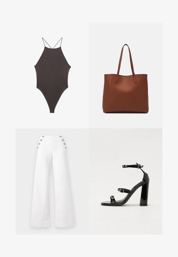 Maillot de bain une pièce marron à col montant avec des bretelles fines et réglables ; présente une jambe haute et une texture lisse. Aucun motif ni embellissement.; Pantalons blancs à jambes larges en coton, ornés de grands boutons décoratifs sur les côtés, avec une texture lisse et des coutures nettes.; Sandales à talons hauts en cuir verni noir avec deux brides à boucles, bout carré et talon bloc épais, présentant une texture lisse et brillante.; Sac fourre-tout en cuir marron avec une texture lisse, design à ouverture supérieure et deux poignées pour le porter à l'épaule. Présente des coutures minimales et aucun matériel visible.