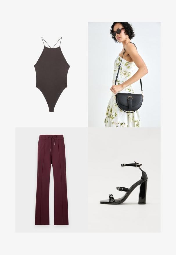 Brown, high-neck one-piece swimsuit with thin, adjustable straps; features a high-cut leg and smooth texture. No patterns or embellishments.; Burgundy wide-leg trousers made of soft fabric with a drawstring waistband and front pleats. Flat hem and smooth texture.; Black patent heeled sandals with a square toe, ankle straps, and silver buckles. Features a chunky block heel for stability.; Black leather handbag with a curved shape, detachable strap, and gold hardware. The bag features a flap with a buckle detail.