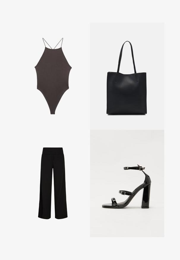 Costume da bagno intero marrone con collo alto e spalline sottili e regolabili; presenta una gamba alta e una texture liscia. Nessun motivo o decorazione.; Pantaloni neri a gamba larga con una cintura morbida ed elastica. Tessuto liscio, design a lunghezza piena, senza chiusure visibili o motivi.; Sandali con tacco in vernice nera, con punta squadrata, cinturini alla caviglia e fibbie in argento. Presentano un tacco a blocco spesso per maggiore stabilità.; Borsa tote in pelle nera con texture liscia, forma rettangolare e due manici lunghi. Nessun hardware o decorazione visibile.