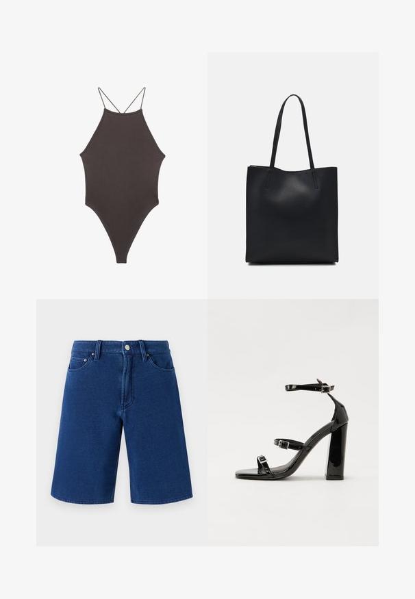 Maillot de bain une pièce marron à col montant avec des bretelles fines et réglables ; présente une jambe haute et une texture lisse. Aucun motif ni embellissement.; Shorts en denim bleu avec une coupe droite, design à cinq poches, et une taille visible avec un bouton en métal et des passants de ceinture.; Sandales à talons hauts en cuir verni noir avec deux brides à boucles, bout carré et talon bloc épais, présentant une texture lisse et brillante.; Sac fourre-tout en cuir noir avec une texture lisse, de forme rectangulaire et deux longues poignées. Pas de matériel ou d'ornementations visibles.