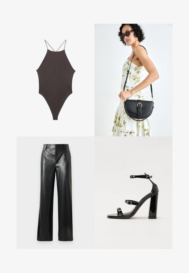 Hnědé, jednodílné plavky s vysokým krkem a tenkými, nastavitelnými ramínky; mají vysoký střih nohavic a hladkou texturu. Žádné vzory ani ozdoby.; Černé kožené kalhoty širokého střihu s hladkým povrchem, s mírně zvýšeným pasem a decentními předními záhyby.; Černé lakované sandály na podpatku se čtveratou špičkou, lýtkovými pásky a stříbrnými přezkami. Disponují masivním blokovým podpatkem pro stabilitu.; Černá kožená kabelka s křivkovým tvarem, odnímatelným popruhem a zlatými detaily. Kabelka má klopu s přezkou.