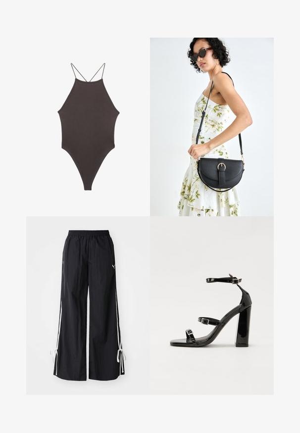 Hnedé, vysoký krk jednodielne plavky s tenkými, nastaviteľnými ramienkami; s vysokým strihom na nohách a hladkým povrchom. Bez vzorov alebo ozdôb.; Čierne široké nohavice vyrobené z ľahkej textílie, so sťahovacou šnúrkou, bielymi bočnými pruhmi a viazaním na leme.; Čierne lakované sandále na vysokom opätku s dvoma prackami, štvorcovou špičkou a hrubým blokovým opätkom, s hladkou, lesklou textúrou.; Čierna kožená kabelka s zaobleným tvarom, odnímateľným popruhom a zlatými doplnkami. Kabelka má klopu s detailom s prackou.