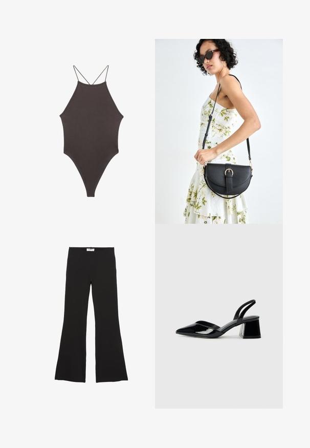Ruskea, korkeakauluksinen yksiosainen uimapuku, jossa on ohuet, säädettävät hihnat; siinä on korkea lahje ja sileä tekstuuri. Ei kuvioita tai koristeita.; Musta levenevät housut, jotka on valmistettu pehmeästä kankaasta, näyttävät leveiltä lahkeilta ja niissä on joustava vyötärö joustavuutta varten. Ei näkyviä kuvioita tai koristuksia.; Mustat patentoitu nahkakengät, joissa on säären takaosa ja terävä kärki, sekä geometrinen palikkakorko. Sisältää tyylikkään, minimalistisen muotoilun ja sileän pinnan.; Musta nahkainen käsilaukku, joka on kaareva muotoilultaan, irrotettavalla hihnalla ja kultaisilla yksityiskohdilla. Laukussa on läppä, jossa on solk yksityiskohta.