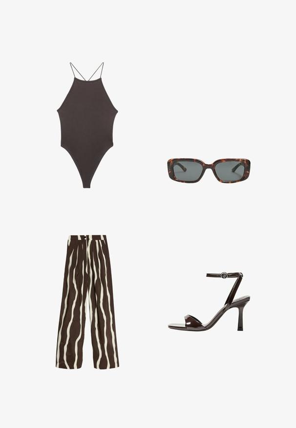Brun højhalset heldragt badedragt med tynde, justerbare stropper; har højt skåret ben og glat tekstur. Ingen mønstre eller udsmykninger.; Højtaljede bukser med vide ben, vertikale bølgede striber i hvid og mørkebrun, frontknap, lynlås og sidelommer.; Brune patentlæder højhælede sandal med ankelrem, åben tå og et elegant, minimalistisk design. Udstyret med en firkantet hæl.; Skildpaddedesolbriller med rektangulære linser, tykke stel og mørkt tonede linser. Glat tekstur og minimalistisk design.