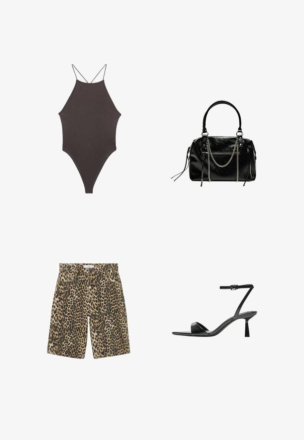 Brązowy jednoczęściowy kostium kąpielowy z wysokim dekoltem i cienkimi, regulowanymi ramiączkami; charakteryzuje się wysokim krojem nogawek i gładką teksturą. Bez wzorów ani ozdób.; Mango - Szorty jeansowe; Bershka - Sandały na obcasie; Bershka - Torebka