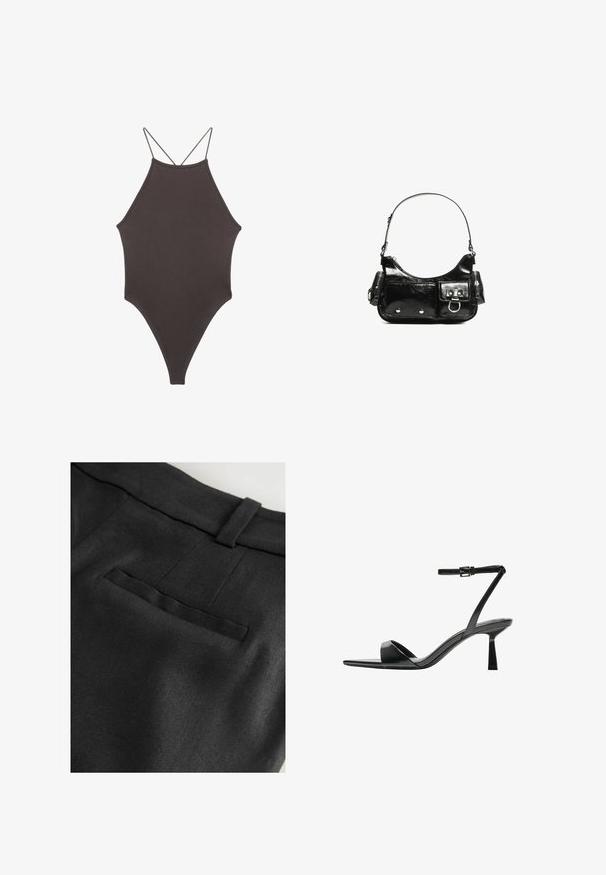 Brun, hög nacke baddräkt med tunna, justerbara remmar; har högskuren ben och slät textur. Inga mönster eller dekorationer.; Next RICH TAILORED JORT - Shorts - black; Bershka Sandaletter - black; Svart lackläderhandväska med en rundad form, en axelrem, framfickor och detaljer i silverfärg.