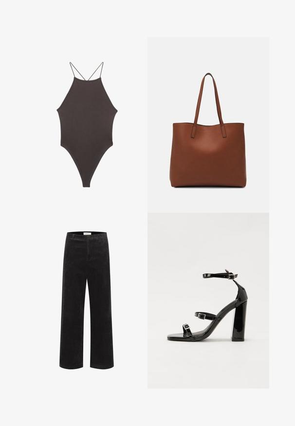 Costume da bagno intero marrone con collo alto e spalline sottili e regolabili; presenta una gamba alta e una texture liscia. Nessun motivo o decorazione.; Pantaloni larghi in velluto a coste neri con righe verticali, vita strutturata e parte anteriore piatta. Il tessuto sembra morbido con una leggera lucentezza.; Sandali con tacco alto in vernice nera con due cinturini con fibbia, punta quadrata e tacco spesso a blocco, caratterizzati da una texture liscia e lucida.; Borsa tote in pelle marrone con texture liscia, design con apertura superiore e due spallacci. Presenta cuciture minime e nessun hardware visibile.