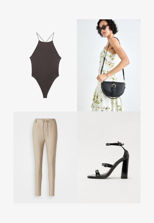 Maillot de bain une pièce marron à col montant avec des bretelles fines et réglables ; présente une jambe haute et une texture lisse. Aucun motif ni embellissement.; Pantalons rayés beiges avec une taille à cordon, design de jambe fuselée, avant plissé et texture lisse. Des rayures blanches verticales sont mises en avant.; Sandales à talons vernies noires avec un bout carré, des sangles autour de la cheville et des boucles en argent. Dotées d'un talon bloc épais pour plus de stabilité.; Sac à main en cuir noir avec une forme courbée, bandoulière amovible et des accessoires en or. Le sac est doté d'un rabat avec un détail de boucle.