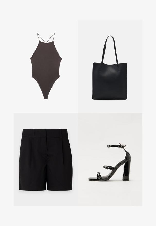 Hnědé, jednodílné plavky s vysokým krkem a tenkými, nastavitelnými ramínky; mají vysoký střih nohavic a hladkou texturu. Žádné vzory ani ozdoby.; Černé přizpůsobené šortky s plochým předním dílem, dvěma plisováními, pasem s poutky na opasek a rovně střiženým lemem. Vyrobeno z hladkého materiálu.; Černé lakované sandály na podpatku se čtveratou špičkou, lýtkovými pásky a stříbrnými přezkami. Disponují masivním blokovým podpatkem pro stabilitu.; Černá kožená taška přes rameno s hladkým povrchem, obdélníkovým tvarem a dvěma dlouhými uchy. Žádné viditelné kování ani ozdoby.