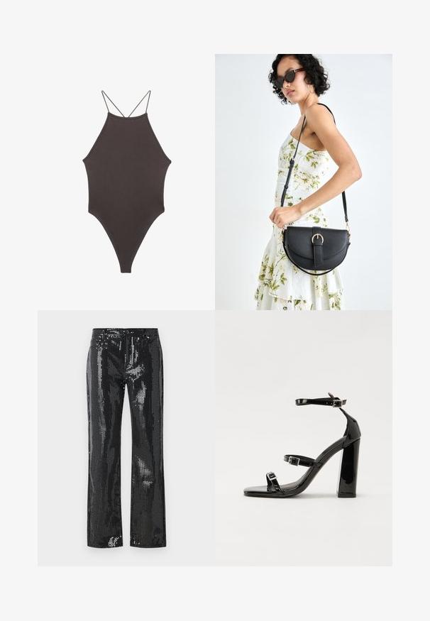 Brun, hög nacke baddräkt med tunna, justerbara remmar; har högskuren ben och slät textur. Inga mönster eller dekorationer.; Svarta paljettbyxor med en åtsittande design och utsvängda ben. Tyget har en glänsande textur med ett mönster av små, reflekterande skivor.; Svarta lackerade högklackade sandaler med två spännband, fyrkantig tå och en tjock klack, med en slät och glansig yta.; Svart läderhandväska med en böjd form, avtagbar rem och guldiga detaljer. Väskan har ett lock med en spänndetalj.