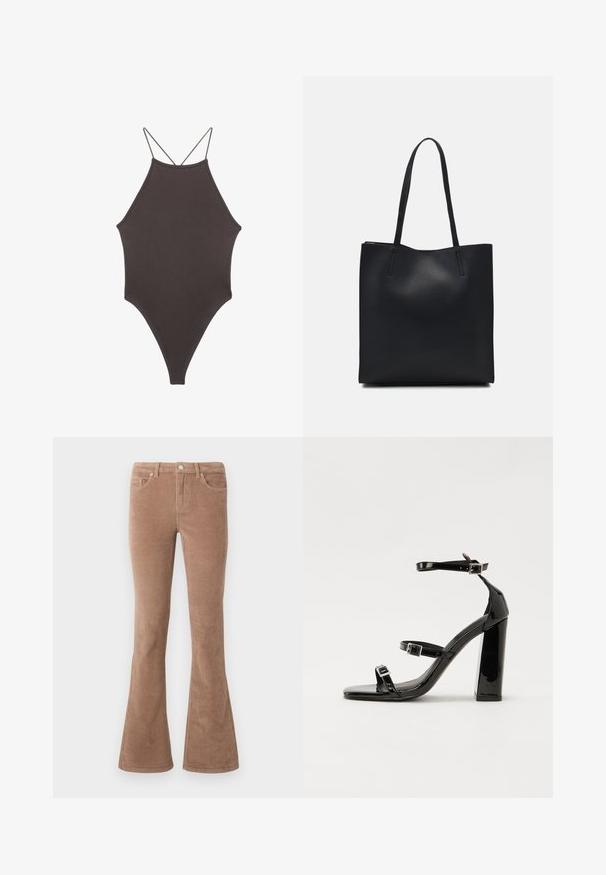 Bruine, hoge hals ééndelige zwempak met dunne, verstelbare schouderbandjes; beschikt over een hoge beenuitsnijding en een gladde textuur. Geen patronen of versieringen.; Bruine fluwelen uitlopende broek met een gestructureerd oppervlak, voorzien van vijf zakken, een knoopsluiting en riemlussen.; Zwarte gepatenteerde sandalen met hak en een vierkante neus, enkelbandjes en zilveren gespen. Heeft een stevige blokhak voor stabiliteit.; Zwarte leren handtas met een gladde textuur, rechthoekige vorm en twee lange handvaten. Geen zichtbare hardware of versieringen.